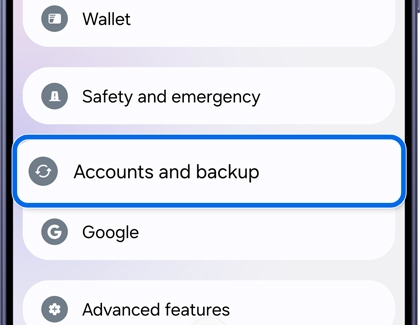 Watch settings menu with Accounts and backup highlighted.