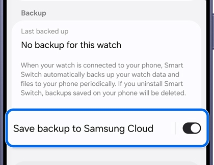 Accounts and backup screen with the Save backup to Samsung Cloud option toggled on and highlighted.