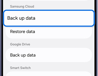 Accounts and backup menu with Back up data highlighted under Samsung Cloud.