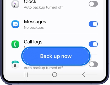 Back up data screen showing selectable items and the Back up now button highlighted.