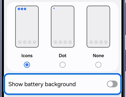 A Galaxy S26 Ultra screen showing a battery settings menu with the Show battery background option highlighted in blue.