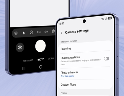 A purple Galaxy S26 Ultra showing the Camera settings menu with options for Scanning and Shot suggestions next to another Galaxy S26 Ultra showing the camera app interface.