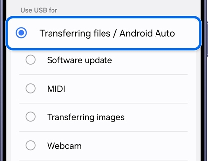 A Galaxy S26 Ultra screen showing the Use USB for menu with the Transferring files and Android Auto option highlighted in blue.