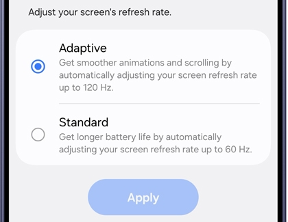 Samsung Galaxy motion smoothness settings screen showing Adaptive and Standard refresh rate options.