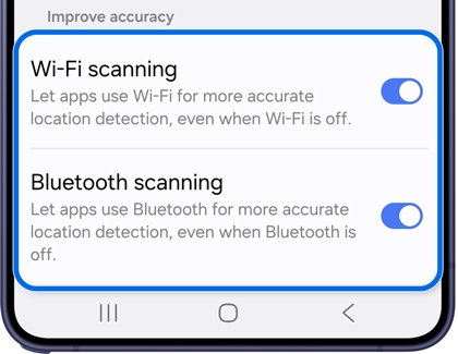 Location services screen with Wi-Fi and Bluetooth scanning toggles enabled.