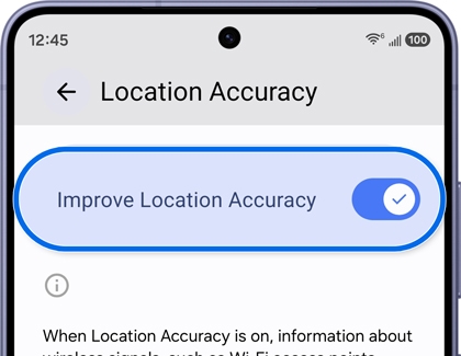 Location accuracy screen with the Improve Location Accuracy toggle enabled.