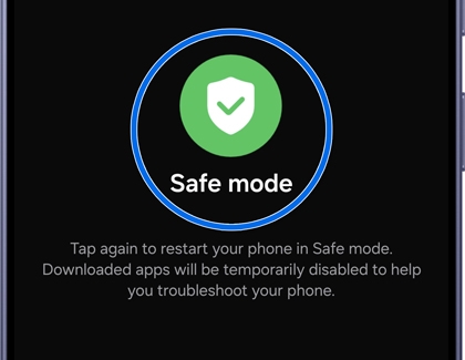 Screen showing the Safe mode button being tapped, with the Safe mode legend visible at the bottom.