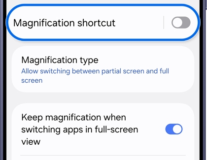 Magnification page with Magnification shortcut toggle turned off.