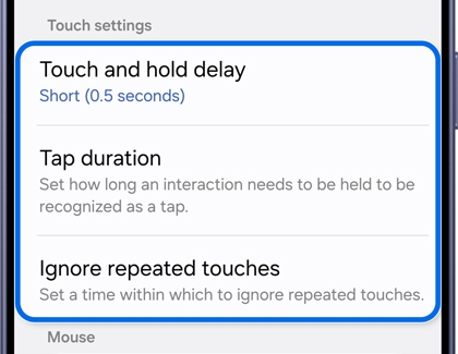 Interaction and dexterity screen with the Touch settings section highlighted.