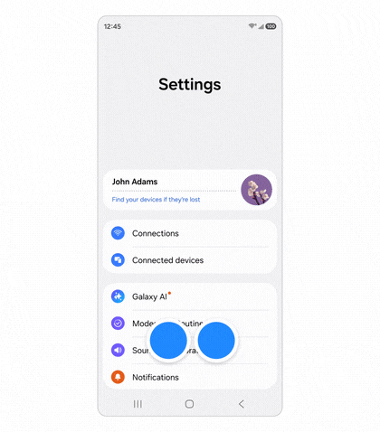 A phone Settings screen demonstrating a drag gesture with blue circular indicators.