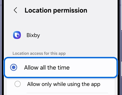 App location permissions screen with Allow all the time selected.