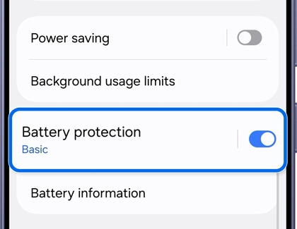 Battery menu with the Battery protection option highlighted.