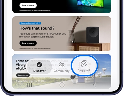 Samsung Members home screen with the Support tab selected.