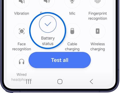 Phone diagnostics list with the Battery status option selected.