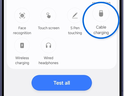Samsung Members diagnostics screen with the Cable charging icon circled in blue.