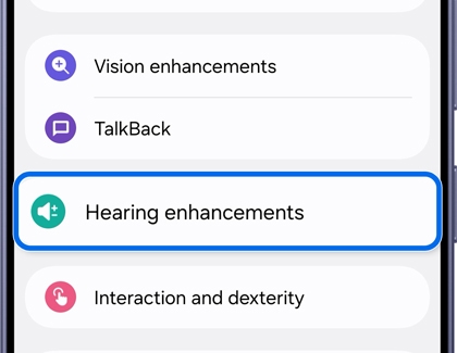 Accessibility menu on a Samsung Galaxy phone showing the Hearing enhancements.