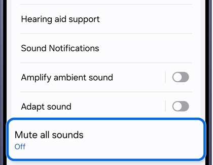 Hearing enhancements menu on a Samsung Galaxy phone showing the Mute all sounds option turned off.