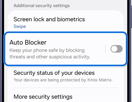 Security and privacy menu with the Auto Blocker option highlighted.