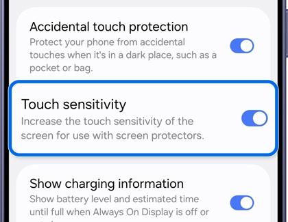 Display settings page showing the Touch sensitivity toggle being turned on