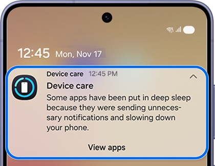 Lock screen with the Device care notification.