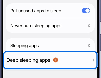 Background usage limits screen with the Deep sleeping apps option highlighted.