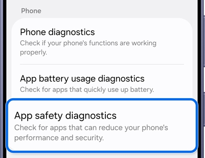 Diagnostics menu with App safety Diagnostics highlighted.
