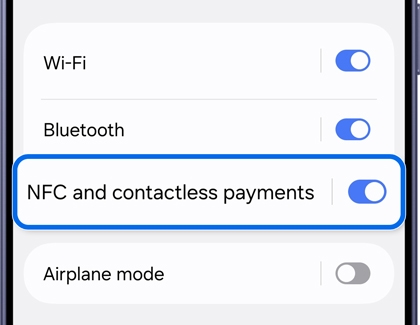 Connections menu with NFC and contactless payments highlighted.