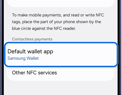 NFC and contactless payments screen with Default wallet app highlighted.
