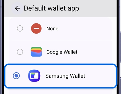 Default wallet app menu with Samsung Wallet selected.