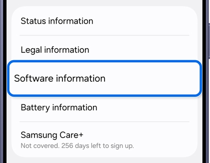 A Galaxy phone showing the About phone settings with the Software information option highlighted in blue.