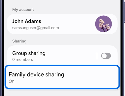 A Galaxy phone showing the Samsung account screen with the Family device sharing option highlighted in blue and set to On.
