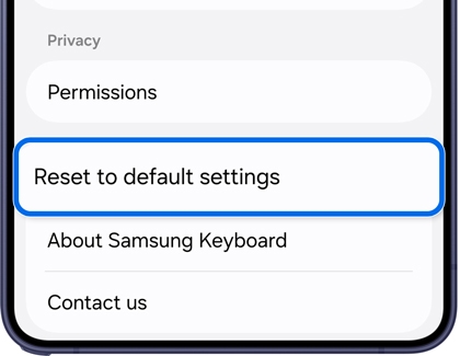Samsung Keyboard settings menu with the Reset to default settings option highlighted.
