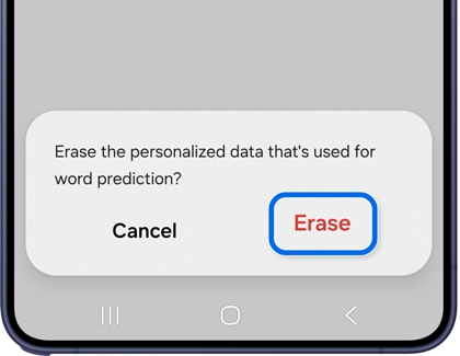 Popup asking to erase personalized data for word prediction with the Erase button highlighted.
