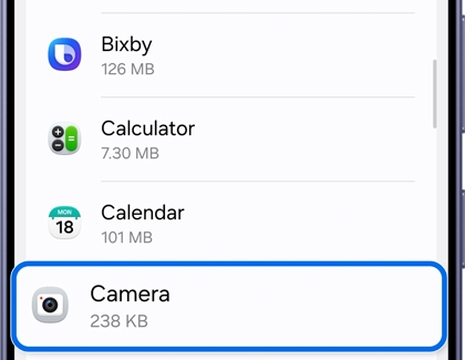 Apps list with Camera selected.