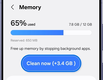 Memory menu with the Clean now button highlighted.
