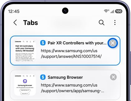 A Galaxy phone showing the Samsung Browser Tabs screen with the close button on the Pair XR Controllers tab highlighted in blue.