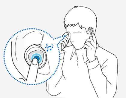Fingers pressing and holding the touchpads on both worn earbuds.