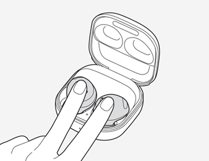 Two fingers pressing down on both earbuds inside the charging case simultaneously.