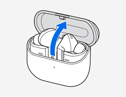 Two earbuds placed in the charging case with the lid open.
