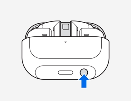 Pointing to the pairing button on the bottom of an open charging case.