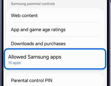 Allowed Samsung apps selected in the Samsung parental controls settings on a Galaxy device.