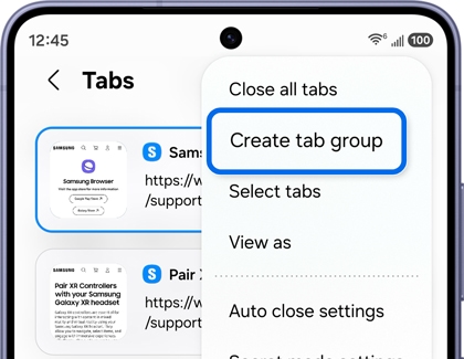 A Galaxy phone showing the Samsung Browser Tabs menu with the Create tab group option highlighted in blue.