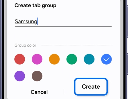 A Galaxy phone showing the Create tab group dialog with a name field, color options, and Create button highlighted in blue.