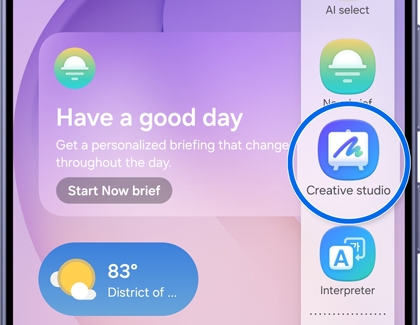 A Galaxy S26 Ultra screen showing widgets and an open edge panel with the Creative studio icon circled in blue.
