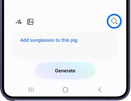 A Galaxy S26 Ultra screen showing an image generation tool with a loading icon circled in blue.