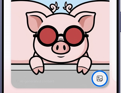 A Galaxy S26 Ultra screen showing a cartoon pig wearing red sunglasses with the Decoration icon circled in blue.