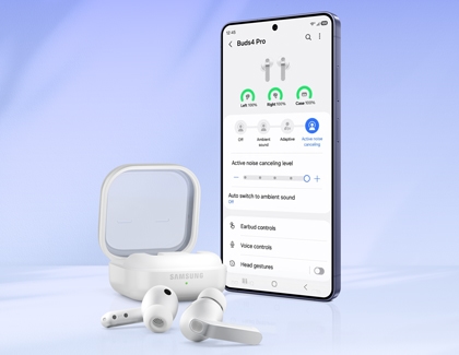 A Galaxy S26 Ultra showing Buds4 Pro settings next to a white charging case and two wireless earbuds.