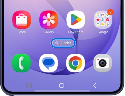 A Galaxy S26 Ultra home screen showing app icons and a search bar widget labeled Finder highlighted with a blue circle.