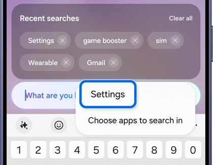 A Galaxy S26 Ultra screen showing the Finder search interface with a menu option for Settings highlighted in blue.