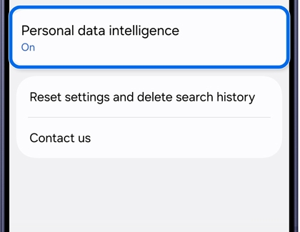 A Galaxy S26 Ultra screen showing a settings menu with the Personal data intelligence option highlighted in blue.